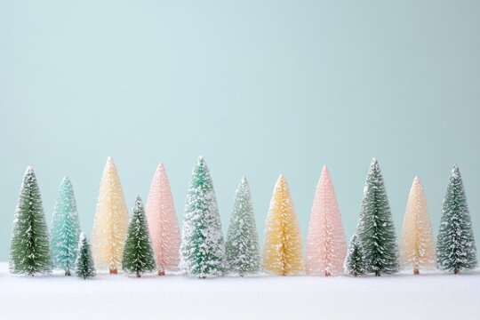 Minimalist pastel bottlebrush trees in soft snow tones lined up in a row on a light blue background, evoking a dreamy winter forest aesthetic