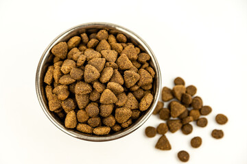 Advertising of pet food. Taken with a camera from above. Metal Pet Food Plate