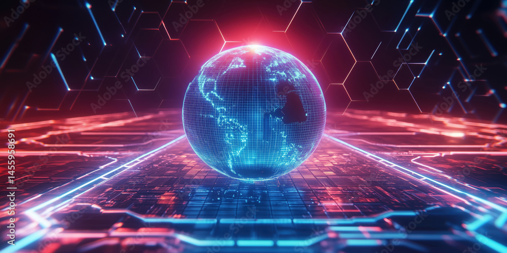 Poster futuristic digital globe with neon lights and hexagonal patterns representing technology.