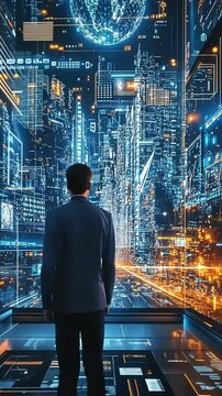 Digital Metropolis: A Man Gazes into a Futuristic Cityscape