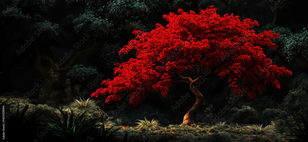 Poster vibrant red tree illuminated in dark forest setting with lush greenery.