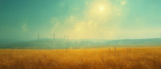 Poster Wind turbines stand tall on grassland, harnessing renewable energy in a vast, serene landscape.