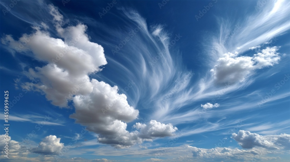 Poster a bright blue sky features an array of fluffy white clouds swirling and drifting peacefully. the sce