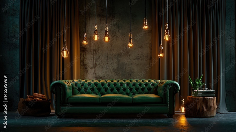 Poster plush tufted sofa in dark forest green set beside heavy drapes, warm-toned lighting creating a moody