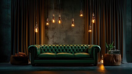 Plush tufted sofa in dark forest green set beside heavy drapes, warm-toned lighting creating a moody vibe