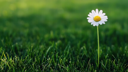 Single Daisy Flower Standing Tall in a Lush Green Meadow with Soft Sunlight Background