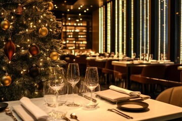 Elegant holiday dinner setup in a luxury restaurant with golden Christmas tree ornaments and festive ambient lighting
