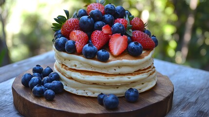 Delicious Fluffy Pancakes Topped with Fresh Strawberries and Blueberries Summer Breakfast Sweet Treat Food Photography red meal fruit tasty plate     