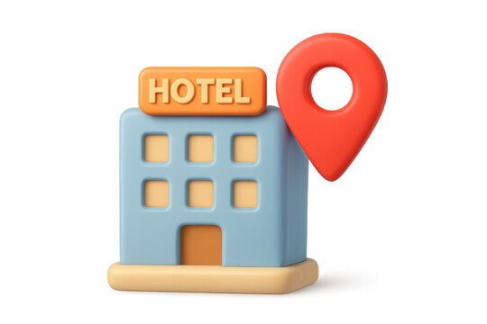 3d hotel icon with location pin symbol of travel and accommodation