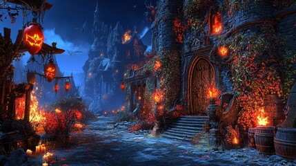 Enchanted nocturnal landscape with glowing jack o lanterns in a mystical forest scene for halloween spooky holiday season