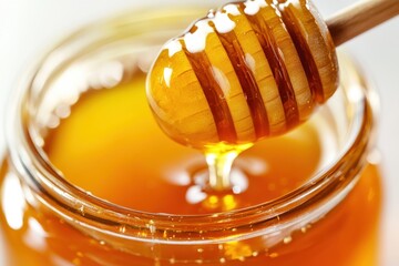 Close up of honey dripping from dipper into a jar filled with golden liquid