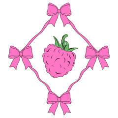 Vector Raspberry and Coquette Bow Ribbon Isolated transparent background, summer Berry template design, perfect element for textile t-shirt wall decor, decorative object