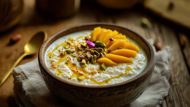 Creamy doi chira with flattened rice, mango and pistachio garnish on rustic table setting.