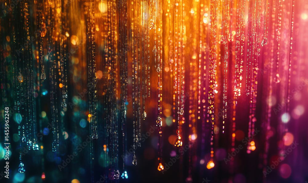 Poster colorful abstract background with shimmering water droplets and bokeh effects.