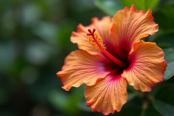 Fototapeta premium Close-up of a Vibrant Orange and Red Hibiscus Flower with Delicate Petal Veins and Green Foliage Background 