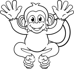 A monkey cute happy cartoon character animal waving with both hands