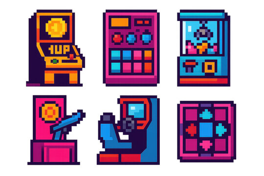 Retro arcade icons in 8-bit pixel art style with classic games and machines
