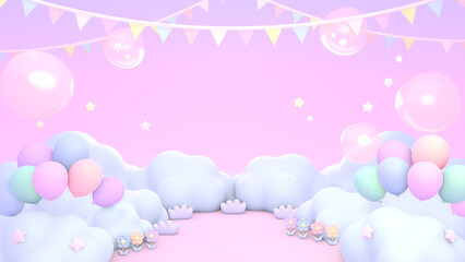 3D render cartoon balloons party in flower garden.