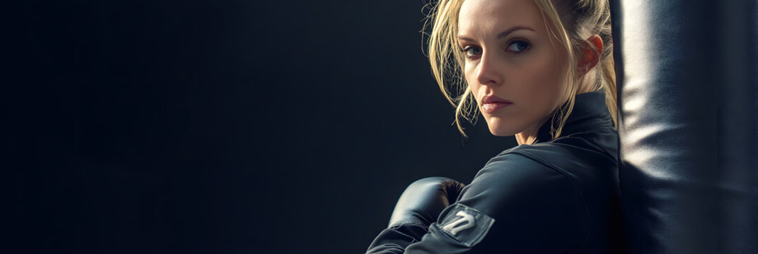 Determined woman rigorously training with a punching bag in a specialized Krav Maga gym - developing strength and technique wide banner - black background