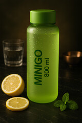 A premium lifestyle photo featuring a translucent lime-green MINIGO 800 ml water bottle, perfectly accented with droplets of condensation. The bottle stands elegantly on a dark marble surface, surroun