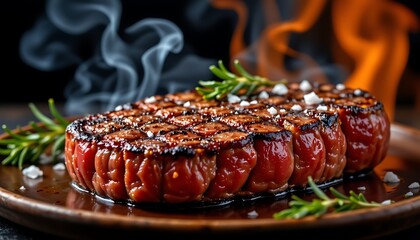 a mouthwatering grilled juicy steak, its surface seared to perfection with charred grill marks, set against a dramatic smoky background