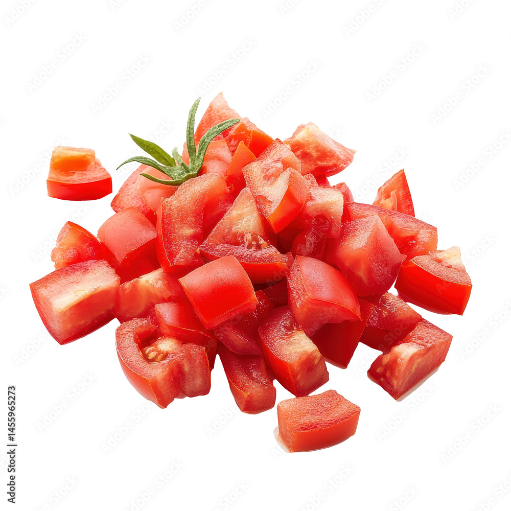 Poster freshly chopped tomatoes stacked on a white surface with a hint of green herb visible