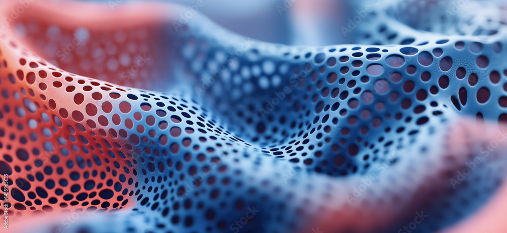 Poster abstract 3d mesh pattern with red and blue gradient colors and intricate holes.