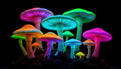 a striking composition of translucent and fluorescent mushrooms glowing on a black background, their caps radiating neon hues of green, pink, and blue