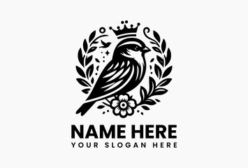 Obraz premium Cute cartoon sparrow with a golden crown and colorful flower accents in cheerful vector logo, symbolizing joy, lightness, and nature-friendly branding