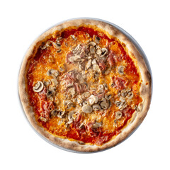 top view pizza with ham and mushrooms, isolated white background