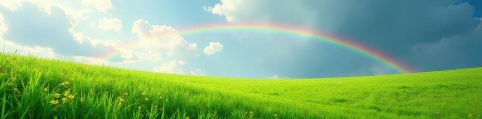 Naklejka premium Vibrant green meadow, rainbow arching overhead, scenic, field