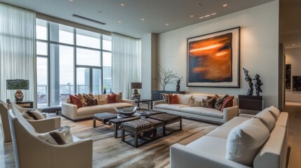 Fototapeta premium Luxurious penthouse living room with panoramic city views. Modern, spacious, and elegantly furnished interior. High-end decor, featuring large windows, comfortable seating, and contemporary art.