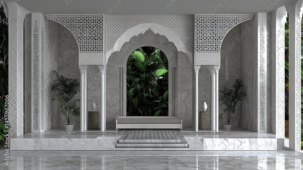 Poster elegant pavilion design with intricate fretwork against nature scene backdrop showcasing architectur