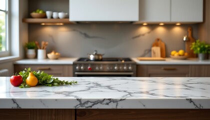 a luxurious table top counter mockup on a blurred kitchen background, featuring a sleek marble surface with subtle gray veins