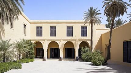 Fototapeta premium Serene courtyard oasis architectural tranquility desert retreat historic estate traditional building sunlit palms travel destination