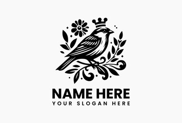Obraz premium Cute cartoon sparrow with a golden crown and colorful flower accents in cheerful vector logo, symbolizing joy, lightness, and nature-friendly branding