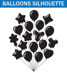 A collection silhouette of black balloons in various shapes, including heart-shaped balloons, scattered in a minimalist style, perfect for celebration and party themes.