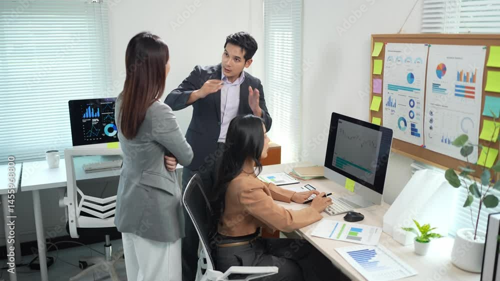 Poster business team analyzing data and discussing strategies on a computer in a modern office, fostering c