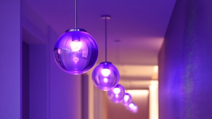 Fototapeta premium Illuminated Purple Spheres Hanging in Modern Interior – Futuristic Lighting Decor for Contemporary Spaces