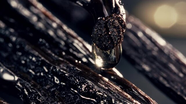 Static macro shot of an open vanilla pod with a drop of essence suspended above, about to fall. Cinematic lighting, dark background, emphasizing the rich texture and natural detail of the vanilla.