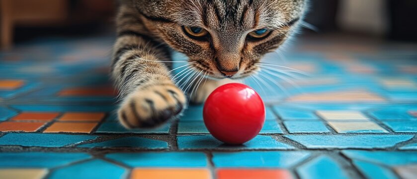 Tabby cat investigates red ball on tiled floor with intent gaze and playful curiosity.