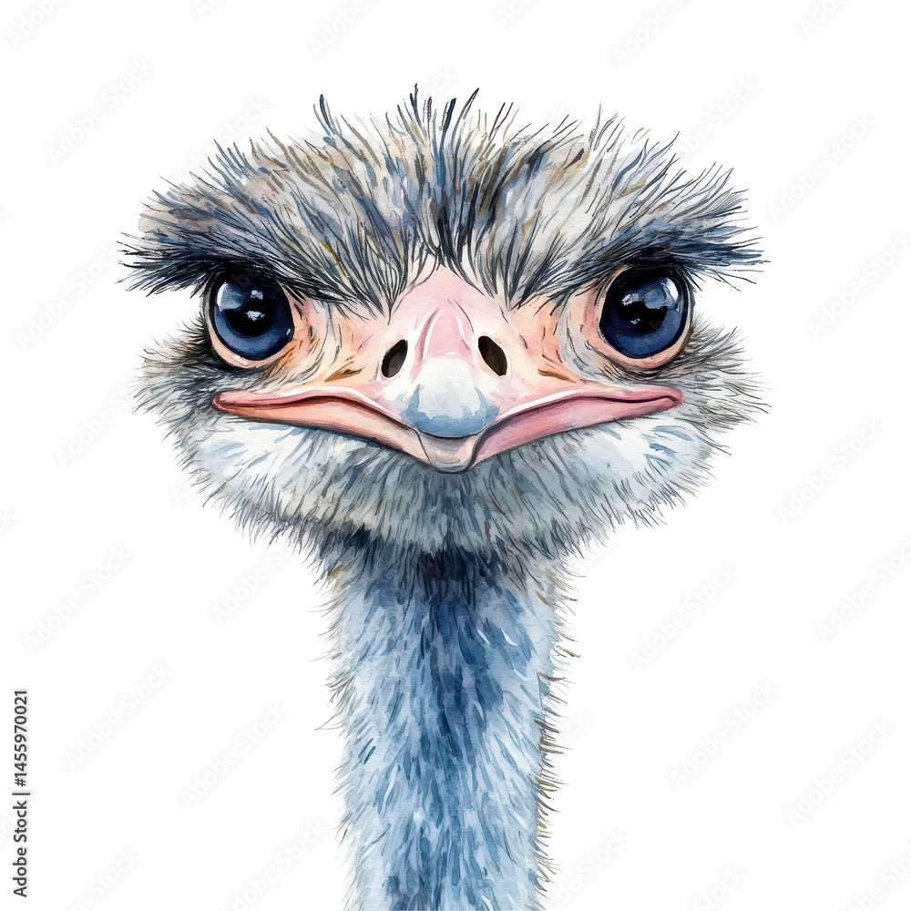 Poster close-up view of an ostrich displaying vibrant features against a plain background