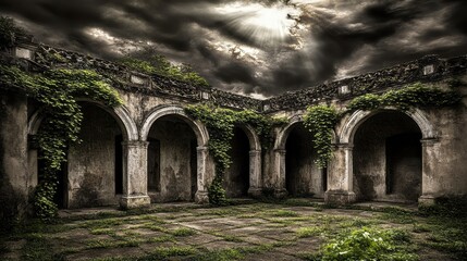 Fototapeta premium Mysterious old ruin with arches under a dramatic sky overgrown with foliage captivating historical site evocative architecture