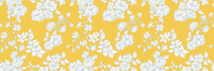 Elegant seamless floral pattern featuring delicate blossoms with intricate line art on a vivid yellow background. Classic botanical style, perfect for textiles, wallpapers, invitations, and decor