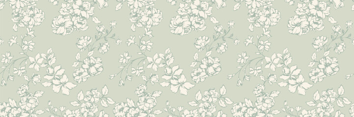 Elegant seamless floral pattern featuring delicate pastel blossoms with intricate line art on a light mint, soft green background. Classic botanical style for textiles, wallpapers, invitations
