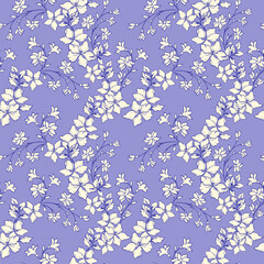 Seamless floral vector pattern with elegant flowers on a violet, purple background. Vintage style botanical design, nature ornament for textiles, wallpapers, fashion, invitations, luxury packaging