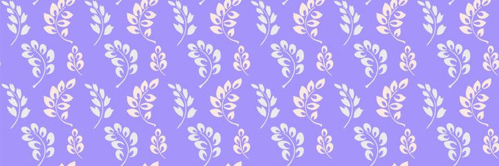 Seamless vector pattern with elegant leafy branches on a violet, purple, lavender background. Modern minimalist botanical plain design, ideas for textiles, wallpapers, packaging, invitations