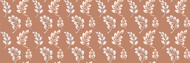 Seamless vector pattern with elegant leafy branches on a beige background. Modern minimalist botanical plain design, ideas for textiles, wallpapers, packaging, invitations, and stylish decorative