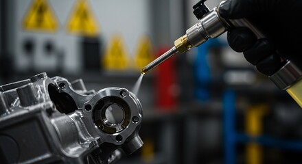Fototapeta premium Applying Liquid Lubricant to Metal Part During Maintenance