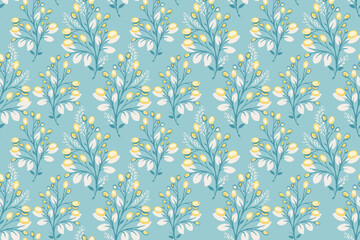 Seamless botanical pattern with delicate floral branches, bright blue background, and yellow berries. Elegant and vintage inspired, perfect for Christmas decor, holidays designs, fabric, wallpaper